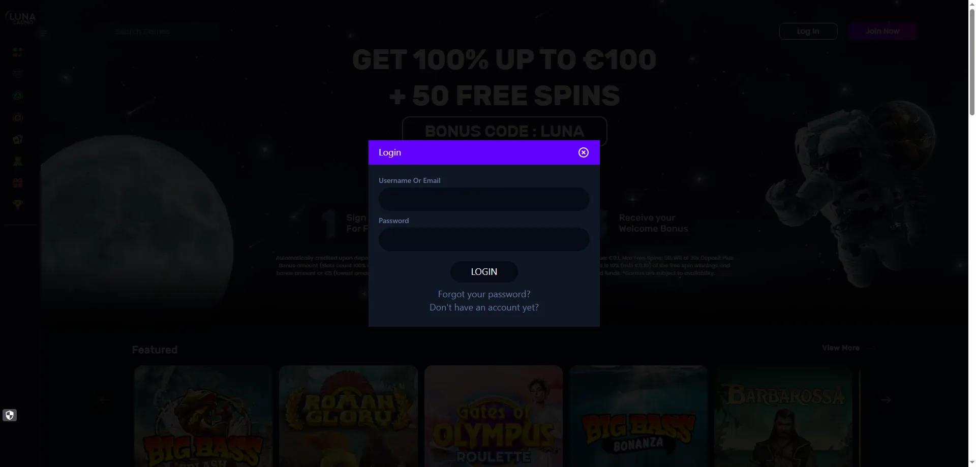 Pantalla de inicio de sesión de Luna Casino en España