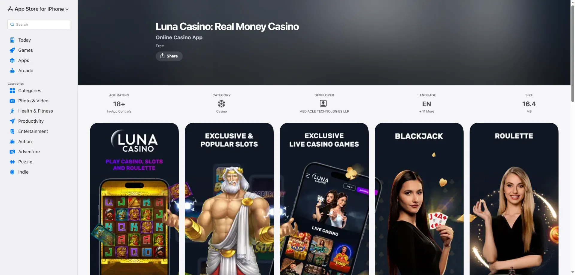 Aplicación móvil de Luna Casino en iPhone y Android