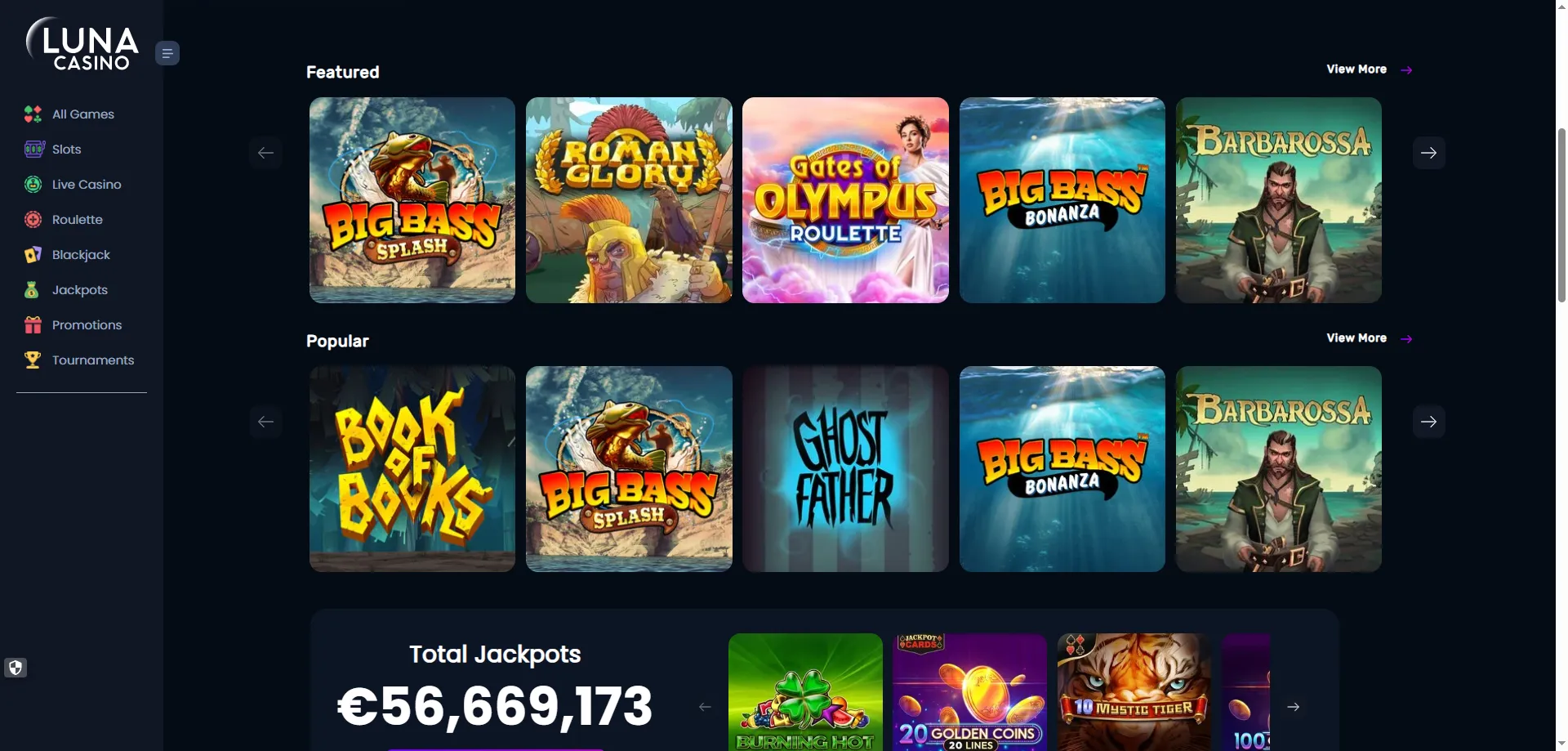 Catálogo de slots en Luna Casino — más de 3.700 juegos disponibles